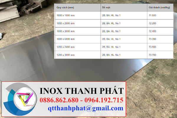 Bảng giá tấm inox 304 dày 1.2mm